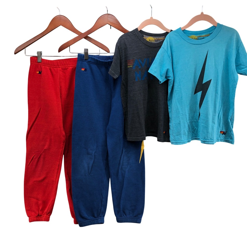 Aviator Nation 4pc Set Unisex Kids 10 Youth Multi Lightning Bolt Tees Sweatpants